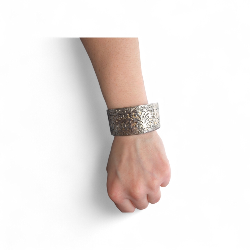 Intricate Silver-Tone Engraved Cuff Bracelet